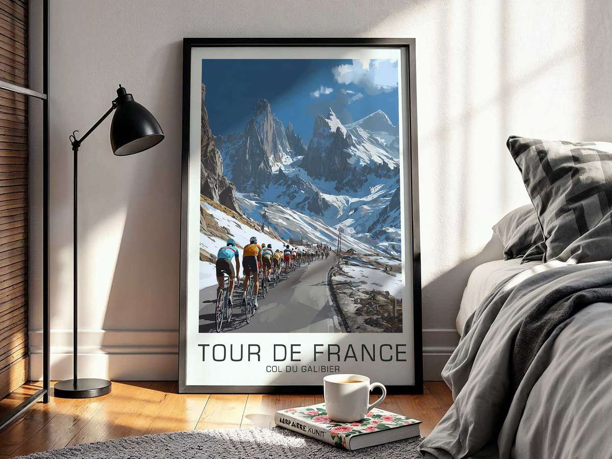 Rider gripping the drops, wrists tense, helmeted head lowered against sky above the Galibier pass