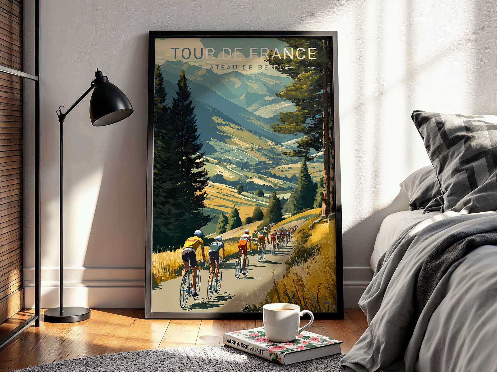 Close-up poster detail highlighting historic Tour de France signposts, vintage jerseys and textured typography integrated…