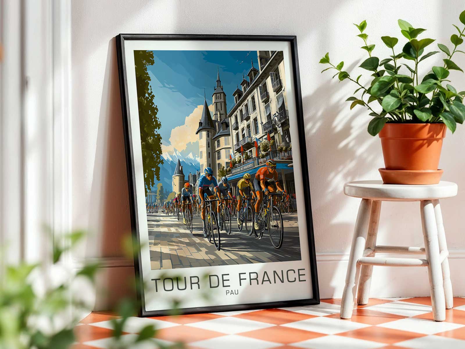 Narrow historic street in Pau with a steady climb, limestone facades and a rider rounding a corner