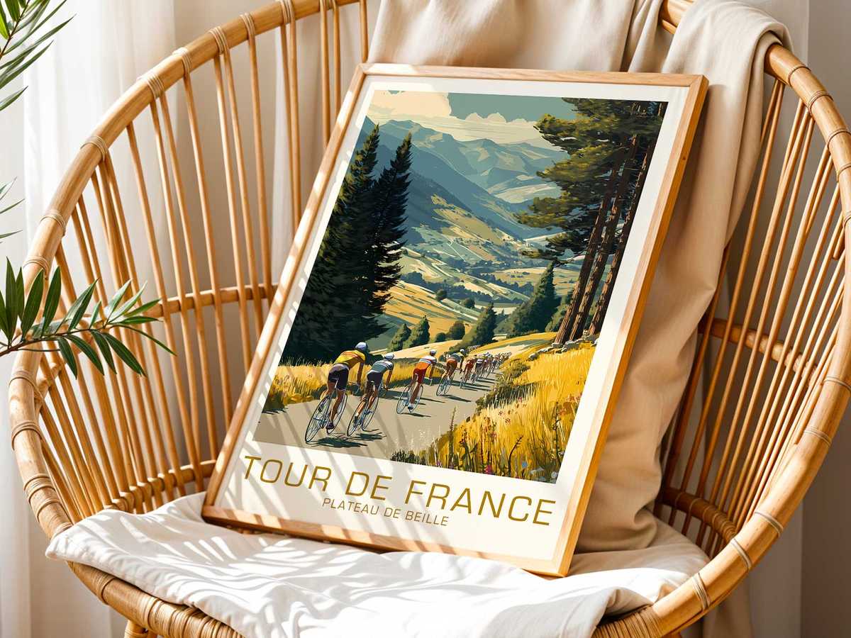 Artistic view of How a Plateau de Beille showing speed, elevation and long-distance character for bike workshop decor