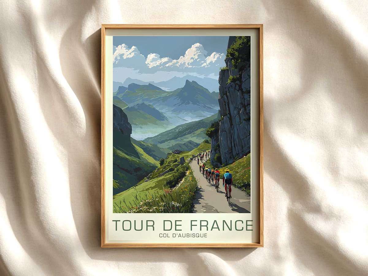 Side profile of a lone cyclist climbing Col d'Aubisque, focused posture and steady cadence against a minimalist mountain…