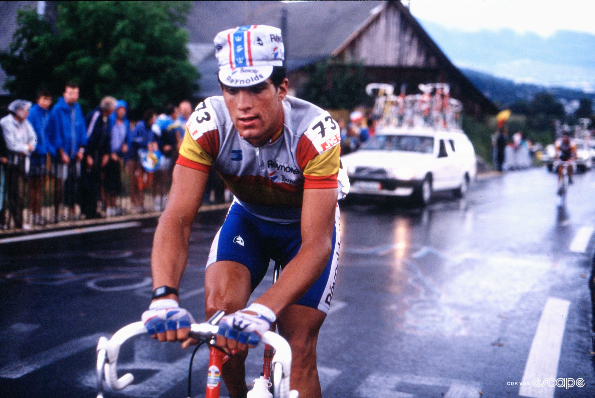 Miguel Indurain in aerodynamic time trial position on a flat open road during training