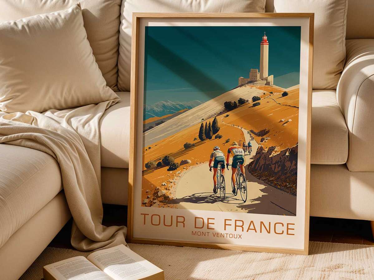 A lone rider framed by barren volcanic rock on Mont Ventoux, head down in effort with rivals blurred behind, conveying…