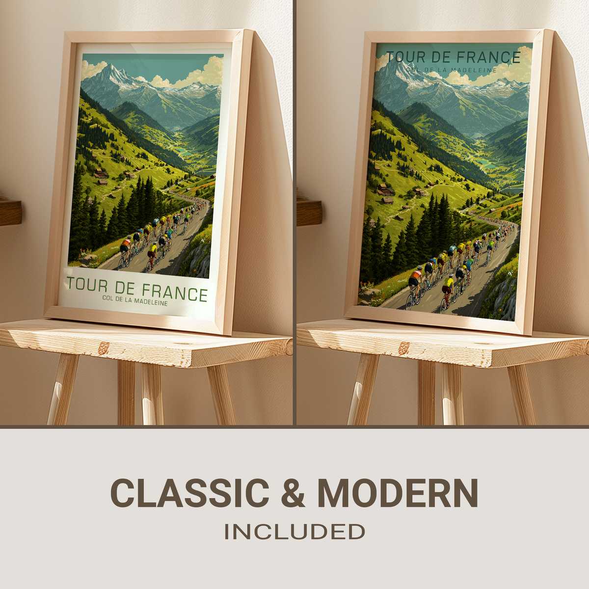 Vintage poster view of a cyclist in profile climbing Col de la Madeleine, showing focused posture and steady cadence…