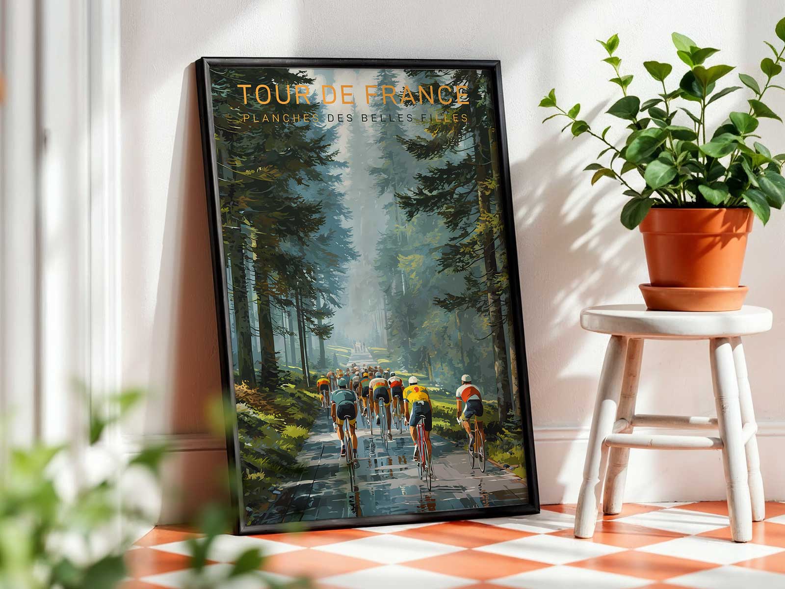 Vintage-style poster showing a winding mountain road climbing toward La Planche des Belles Filles under dramatic sky