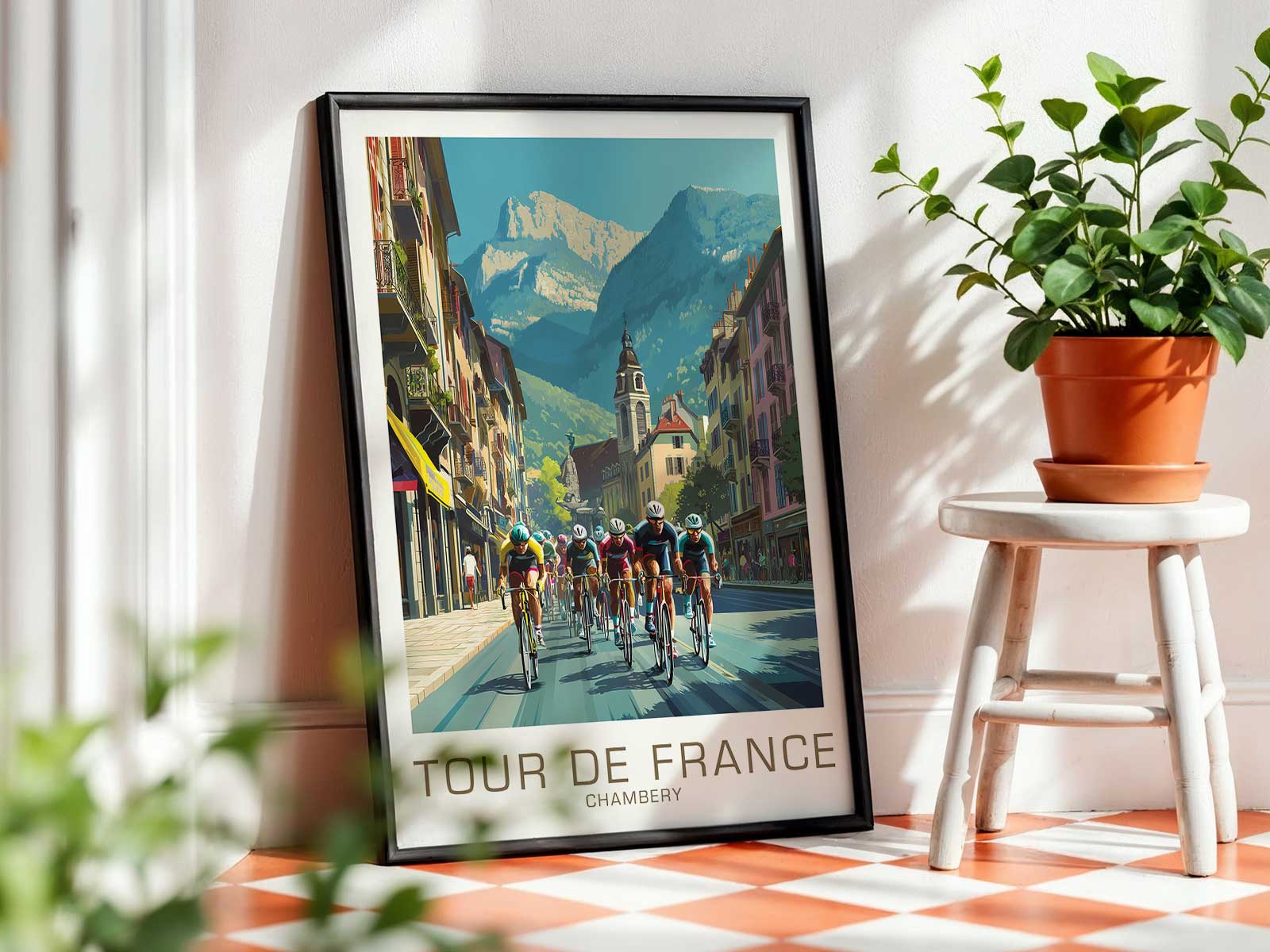 Bike leaning against a riverside wall with reflections of village roofs and gentle water motion in Chambéry