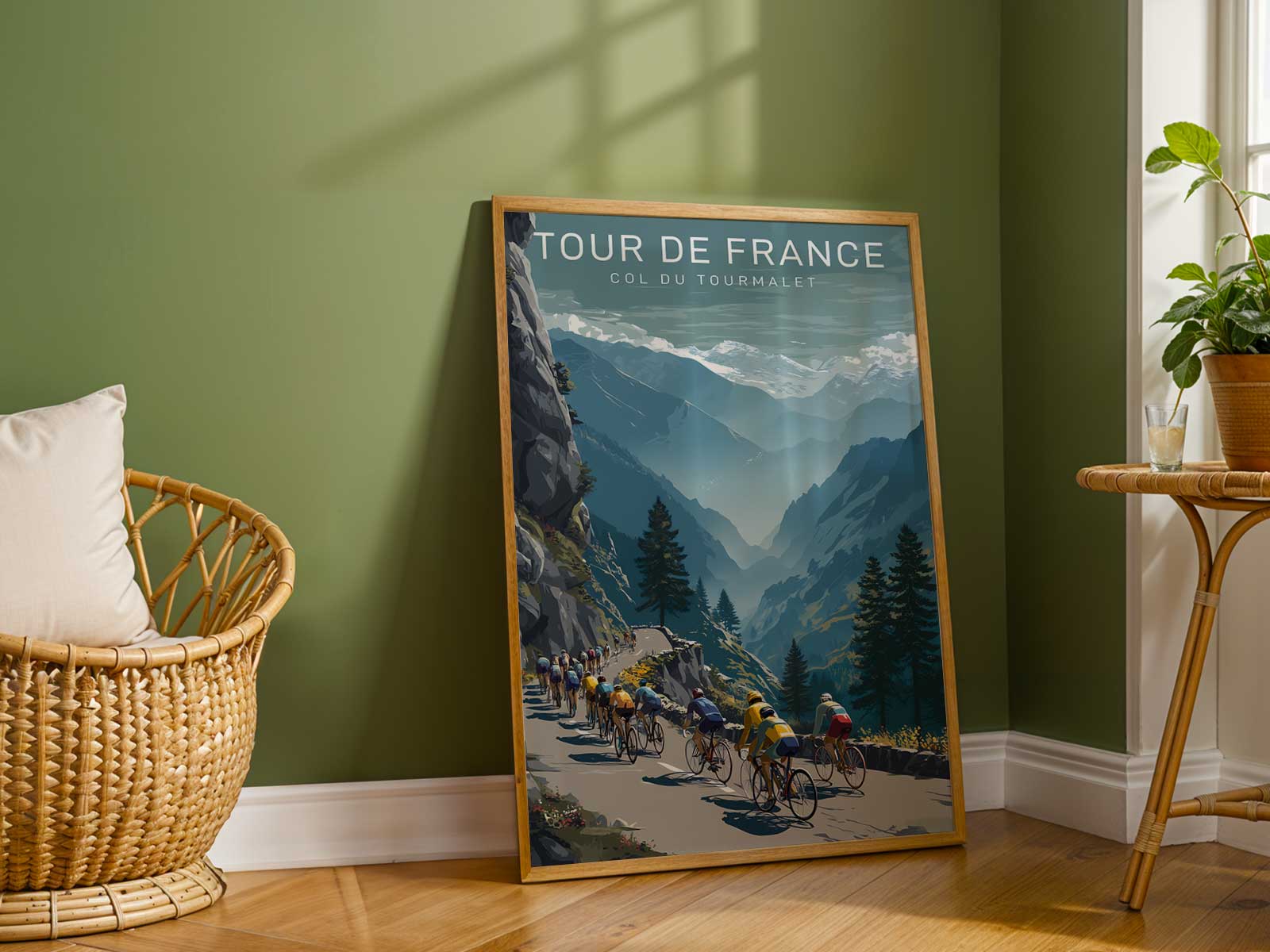 Panoramic landscape poster of the Tourmalet ascent showing ridgelines, valley depth and a narrow road cutting through the…
