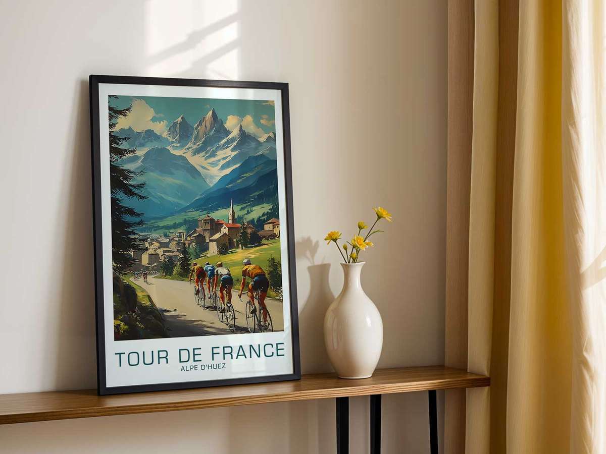 Composed poster of a cyclist leaning into a steep gradient, frame organized to accentuate balance between strain and…