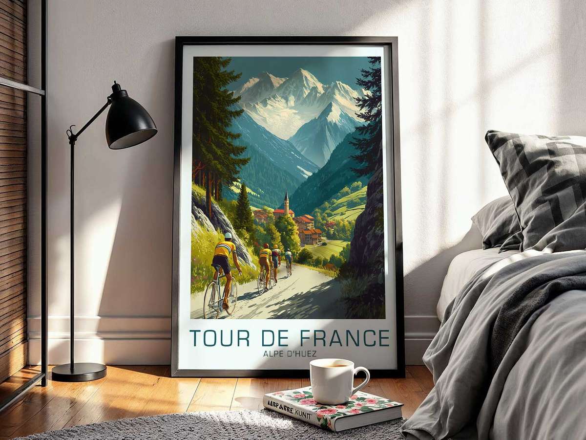 Poster using bands of light and shadow across the slope to create a rhythmic sense of progression up Alpe d’Huez