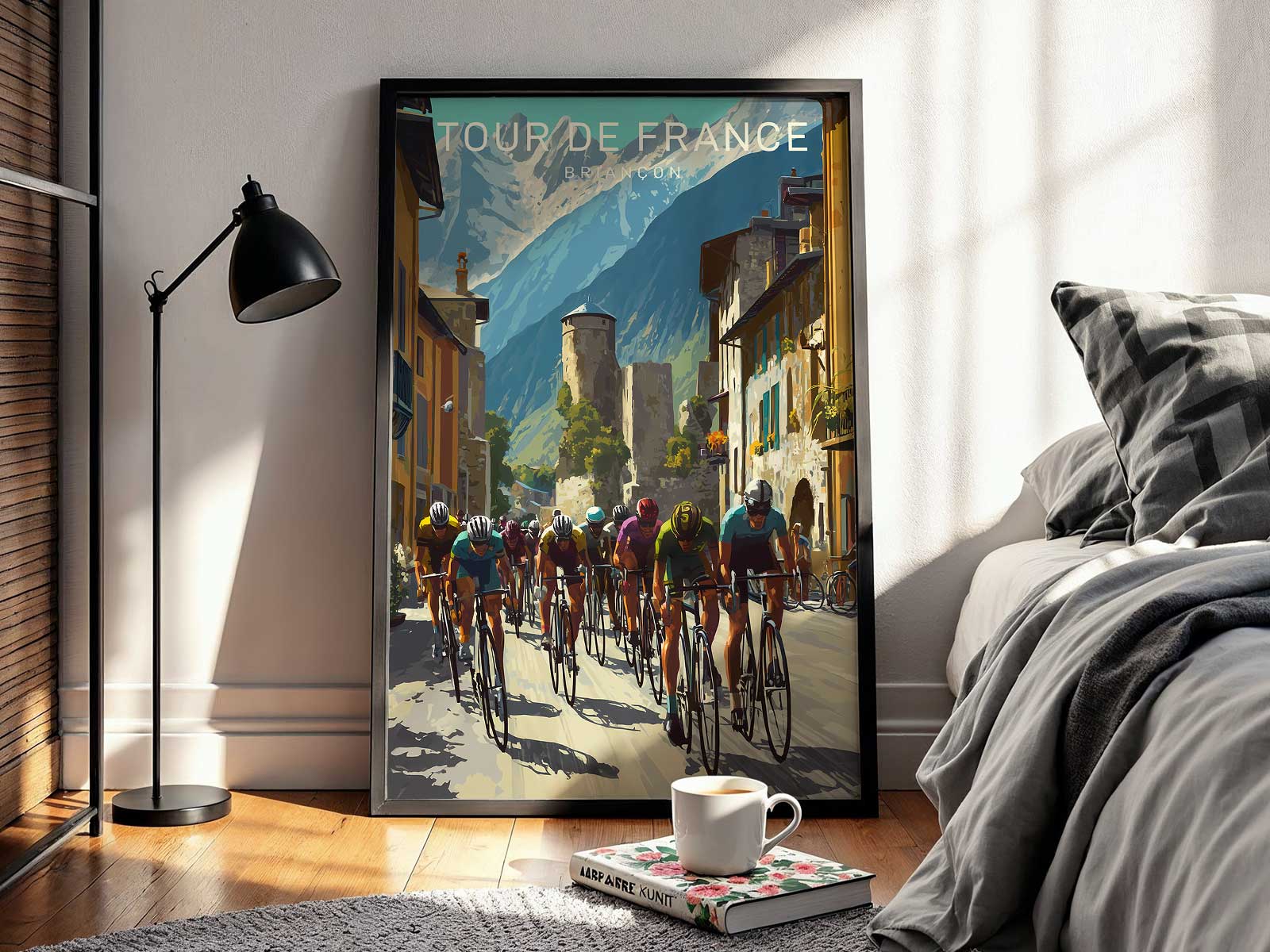 Vintage typography and town name 'Briançon' on an old Tour de France poster with decorative flourishes