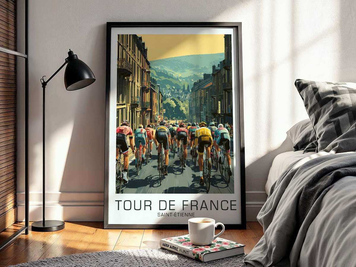 Illustrated cyclists riding past a recognizable Saint-Étienne landmark on a retro poster