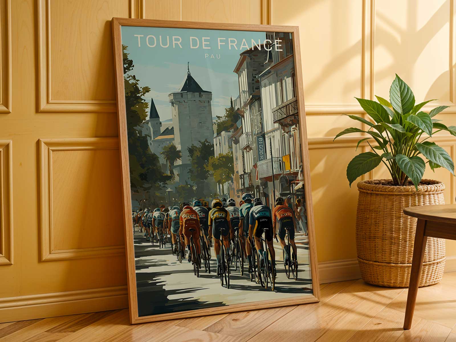 Silhouette of a Pau landmark integrated into a vintage poster composition that ties local heritage to cycling memory