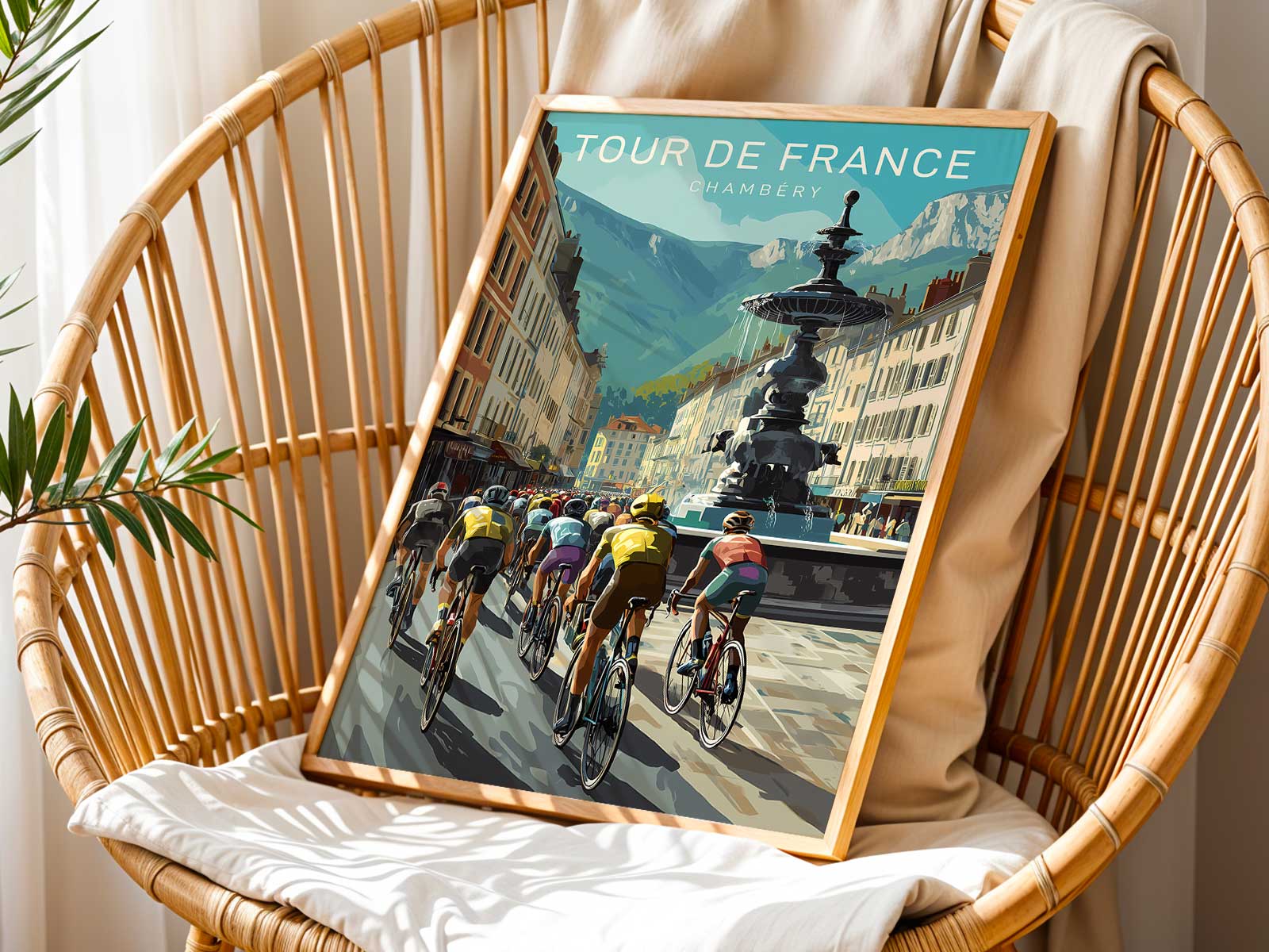 Silhouette of a Chambéry landmark integrated into a vintage cycling poster composition, connecting the race memory to local…