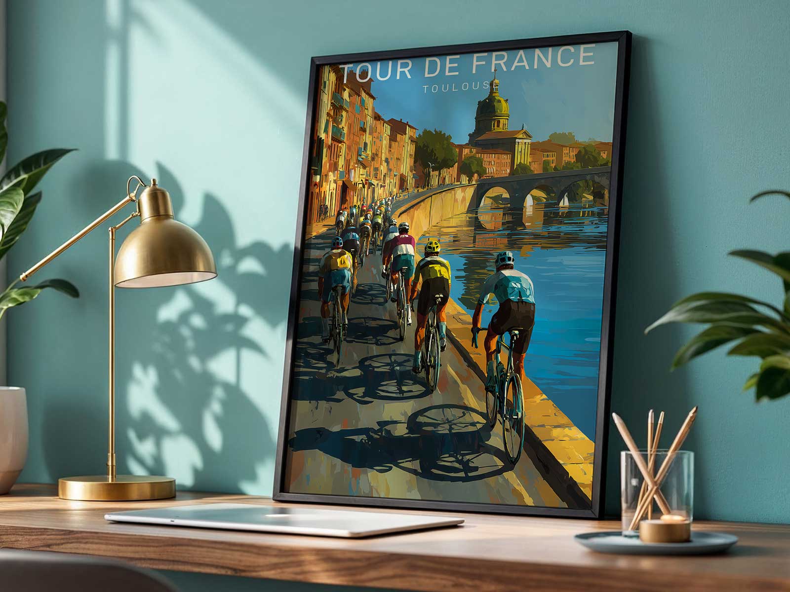 Poster composition featuring Toulouse landmarks and a bicycle silhouette layered like an old travel advertisement