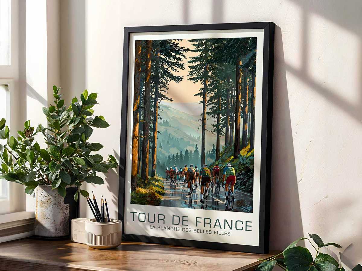 Long winding road climbing into the distance with tiny riders, conveying scale and prolonged effort in vintage poster style