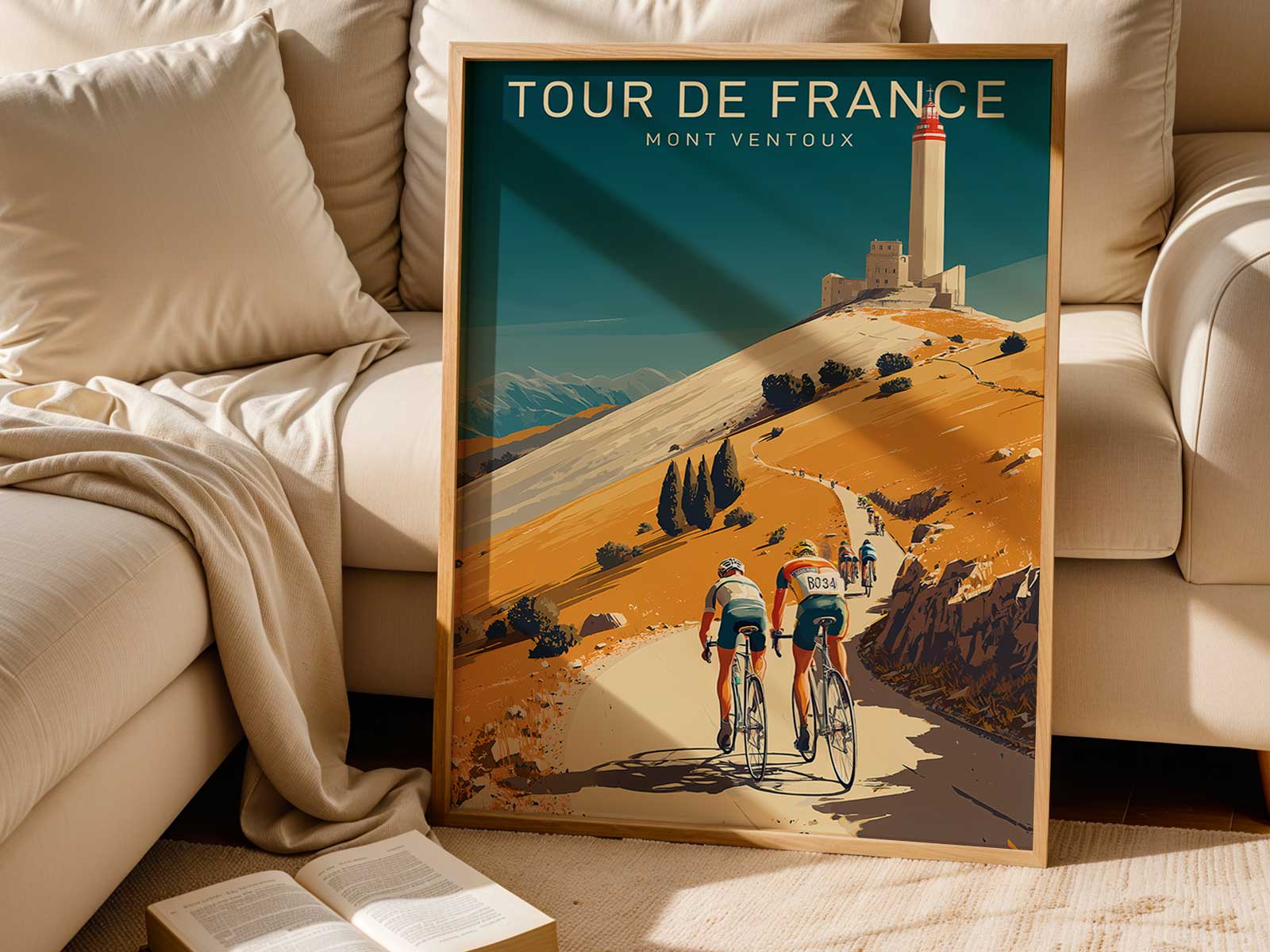 Low golden evening light casting long shadows across the mountain slope and peloton, creating a cinematic atmosphere of…