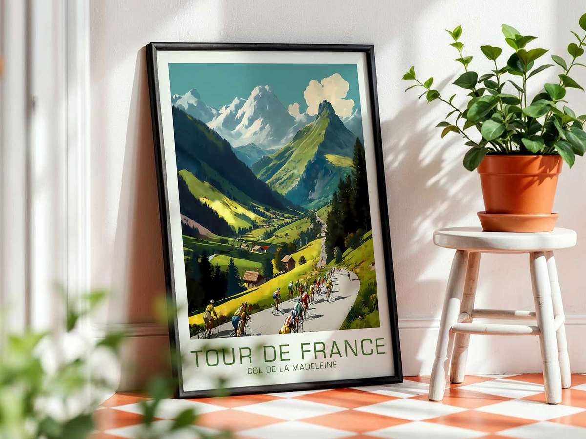 Wider composition of the Col de la Madeleine poster showing bicycle, road and mountain backdrop, placing the bike as a…
