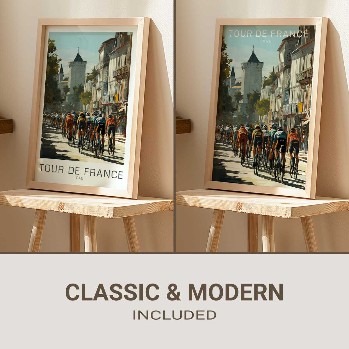 Close-up of a vintage Pau bike race poster showing the town center illustration, aged paper texture and muted colors
