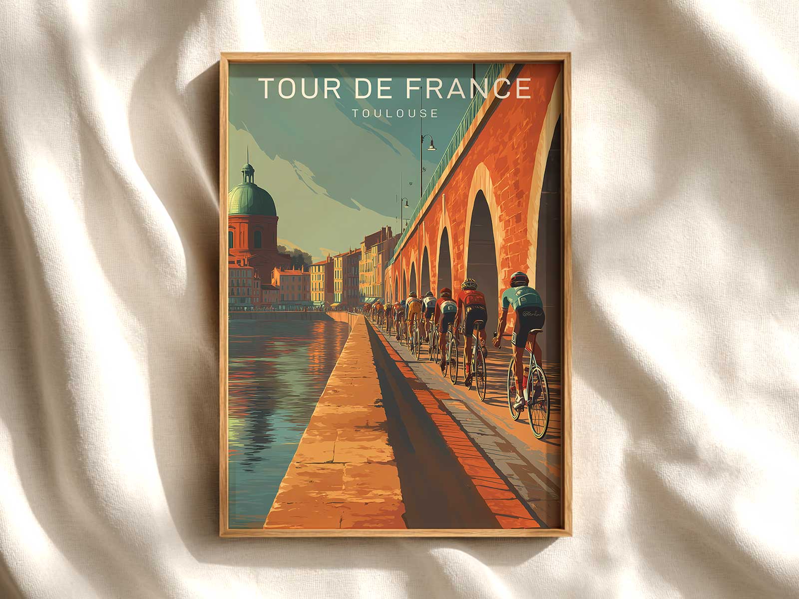 Cyclist arriving into a lively market square where urban activity and textured surfaces create a readable cycling tableau