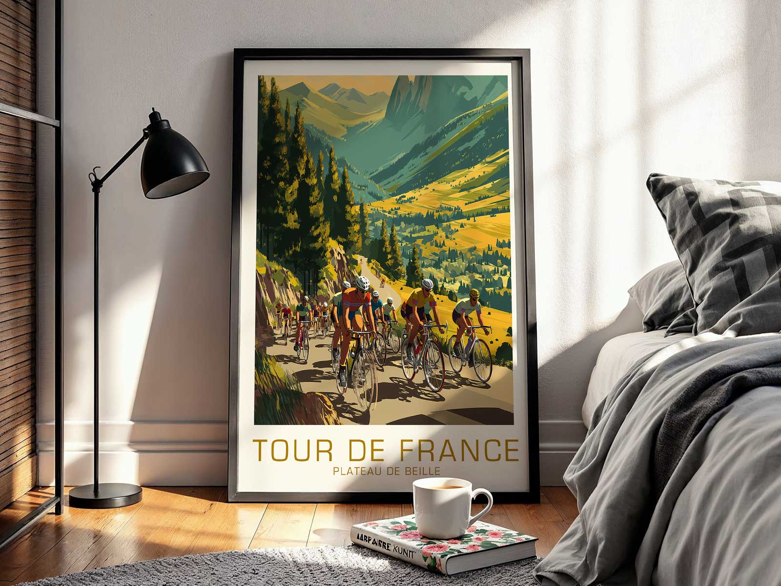 Layered poster collage of ghosted peloton silhouettes and archival race elements evoking cycling memory