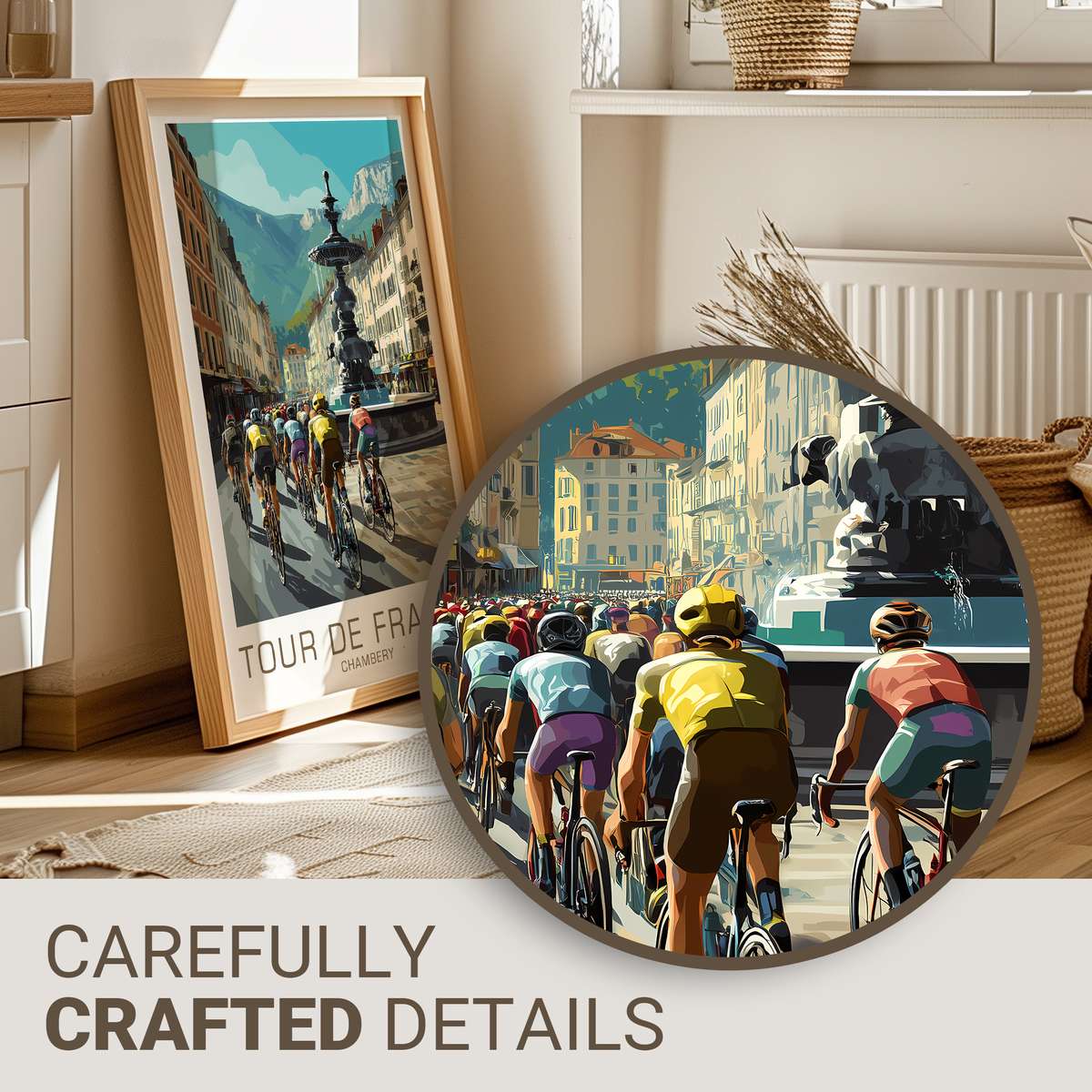 Framed vintage Tour de France poster featuring Chambéry skyline and cyclists in retro graphic style