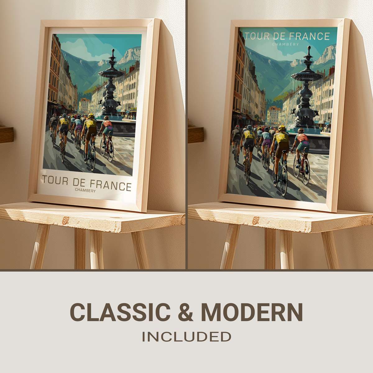 Framed vintage Tour de France poster featuring Chambéry skyline and cyclists in retro graphic style