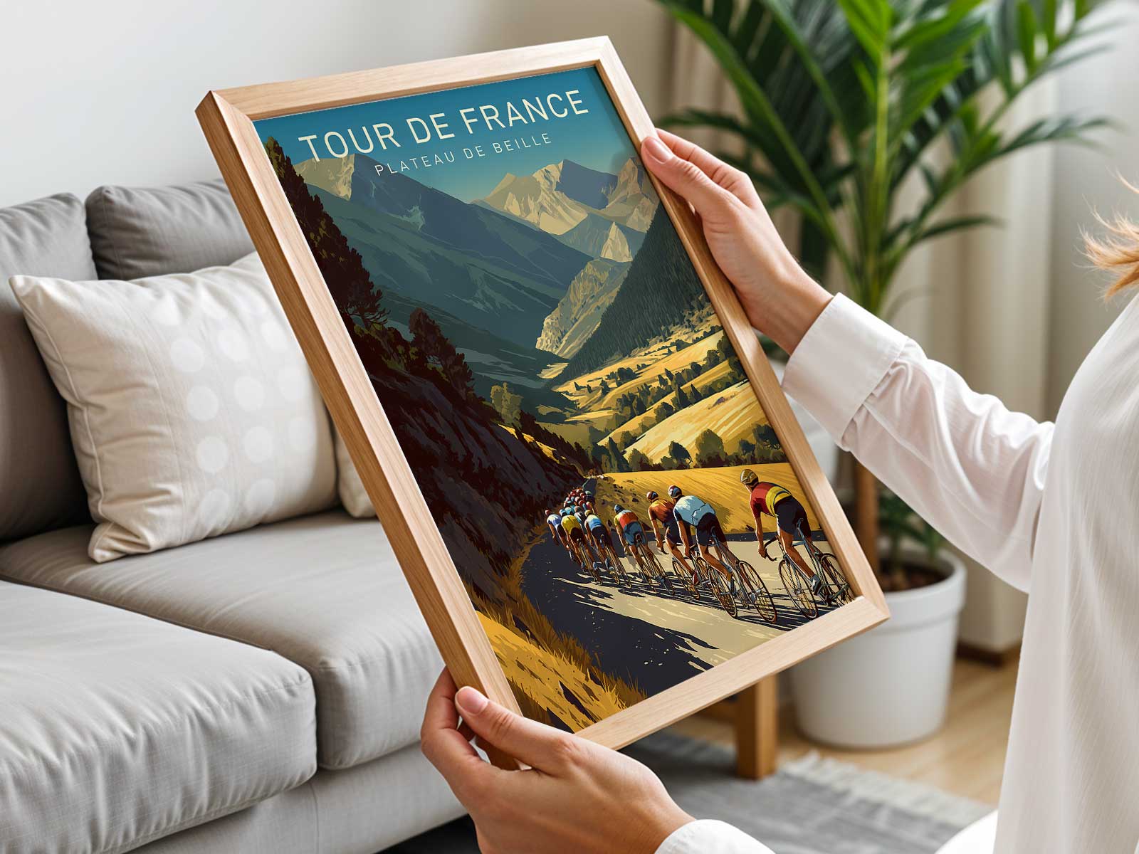 Minimalist elevation profile of the Plateau de Beille climb rendered with clean lines and muted tones for modern interiors