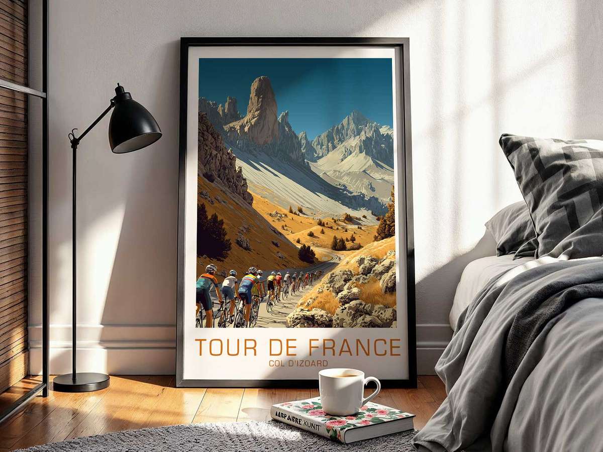 Minimalist portrait of a rider framed by negative space and the stark profile of Col d'Izoard, evoking concentration and…