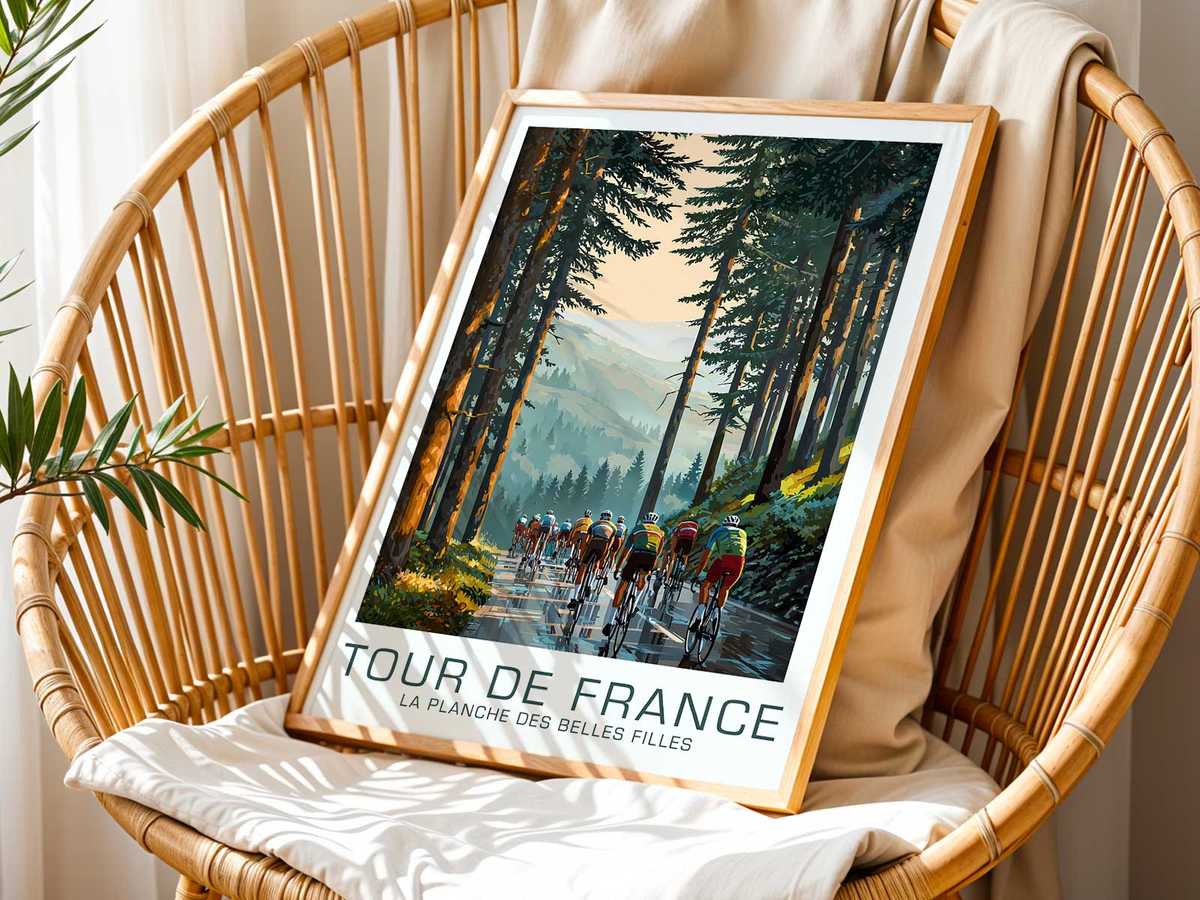 Minimalist poster with silhouetted cyclists against a stark slope and dramatic sky, evoking the essence of ascent and…