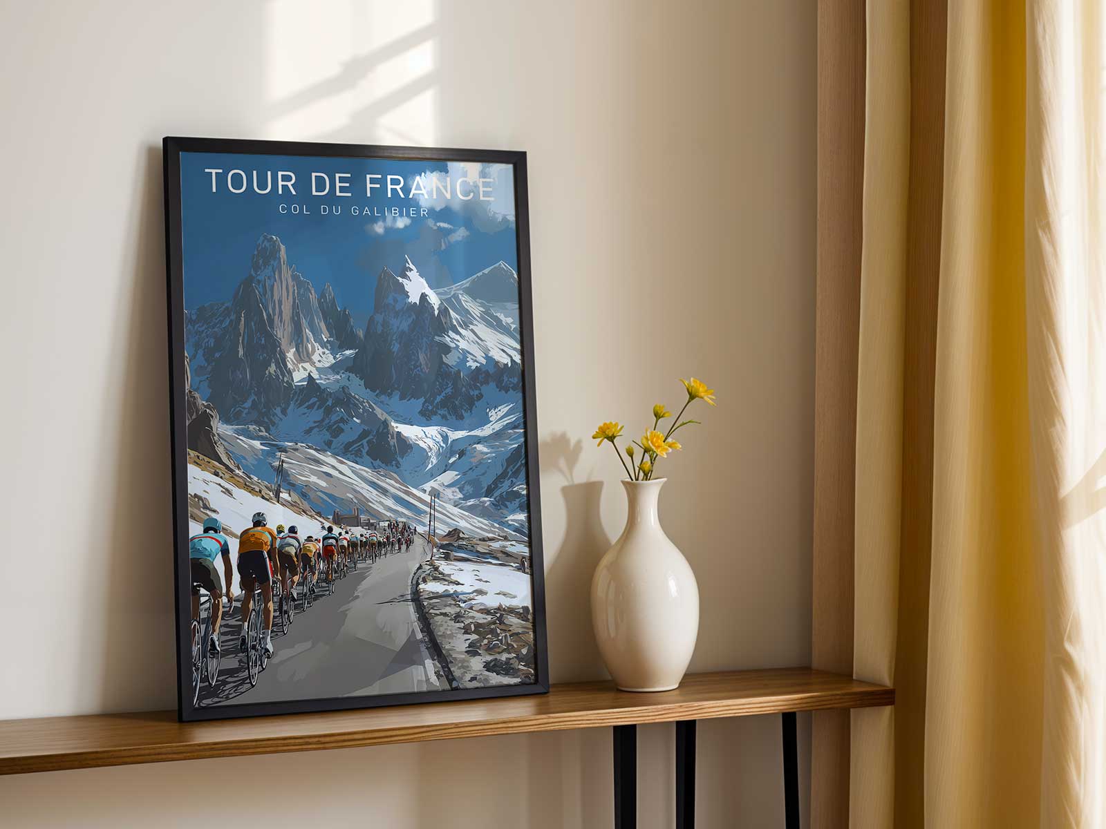 Minimalist poster skyline of Galibier with simplified peaks and a vast empty sky to suggest altitude and drama