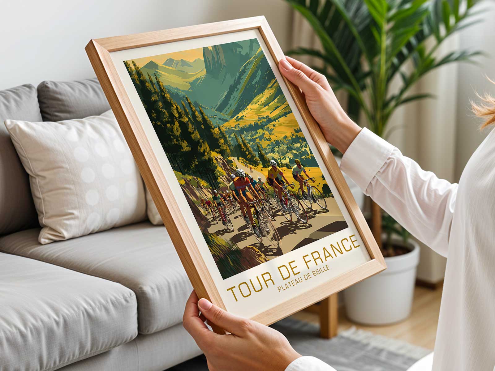 Minimalist poster showing topographic lines and a solitary road tracing Plateau de Beille, calm and architectural