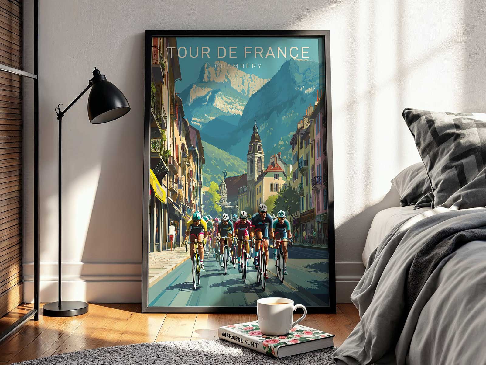 Framed view through a town gateway to distant mountains, with a foreground cyclist entering the scene in Chambéry