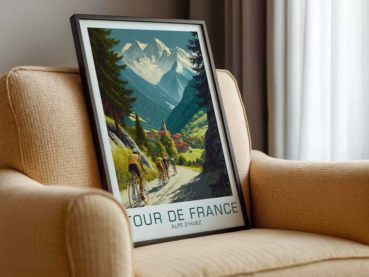 Poster contrasting tiny cyclists with massive mountain forms to highlight scale and the epic nature of the ascent
