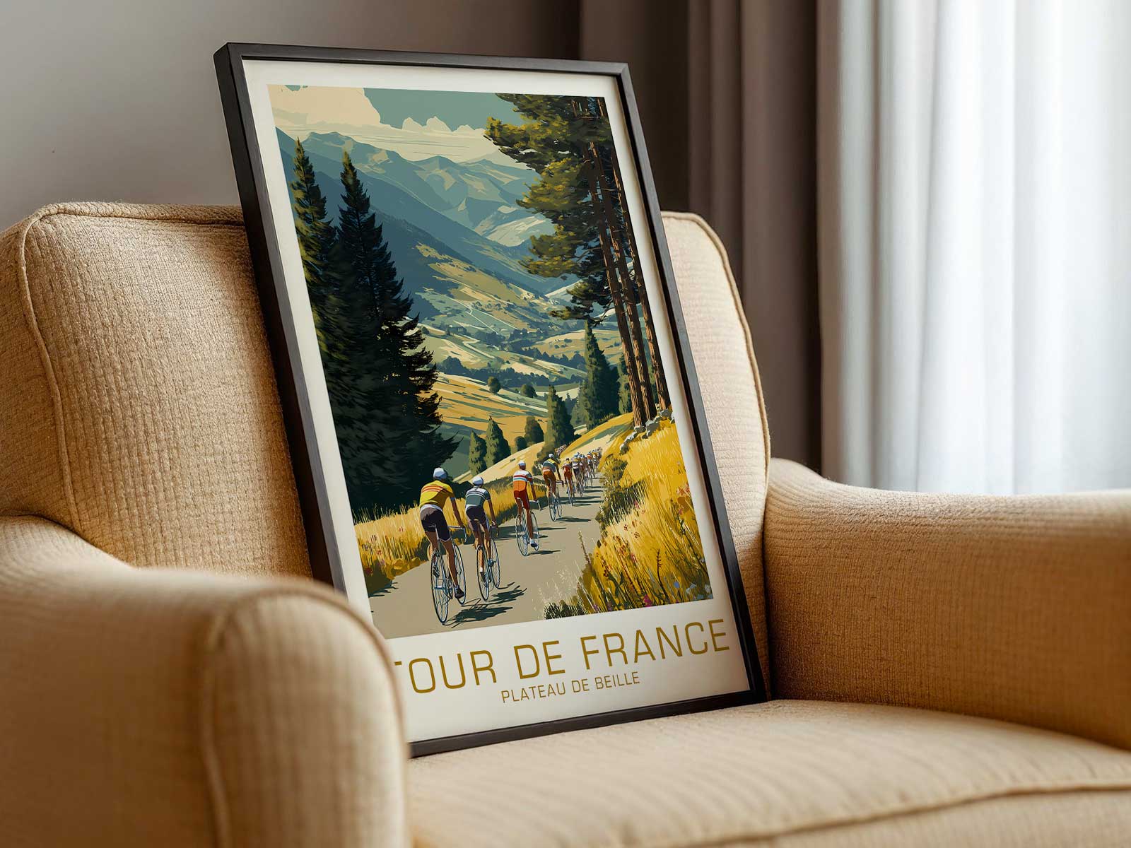 Poster composition that uses sweeping lines and layered colors to suggest the flow of peloton movement across Plateau de…
