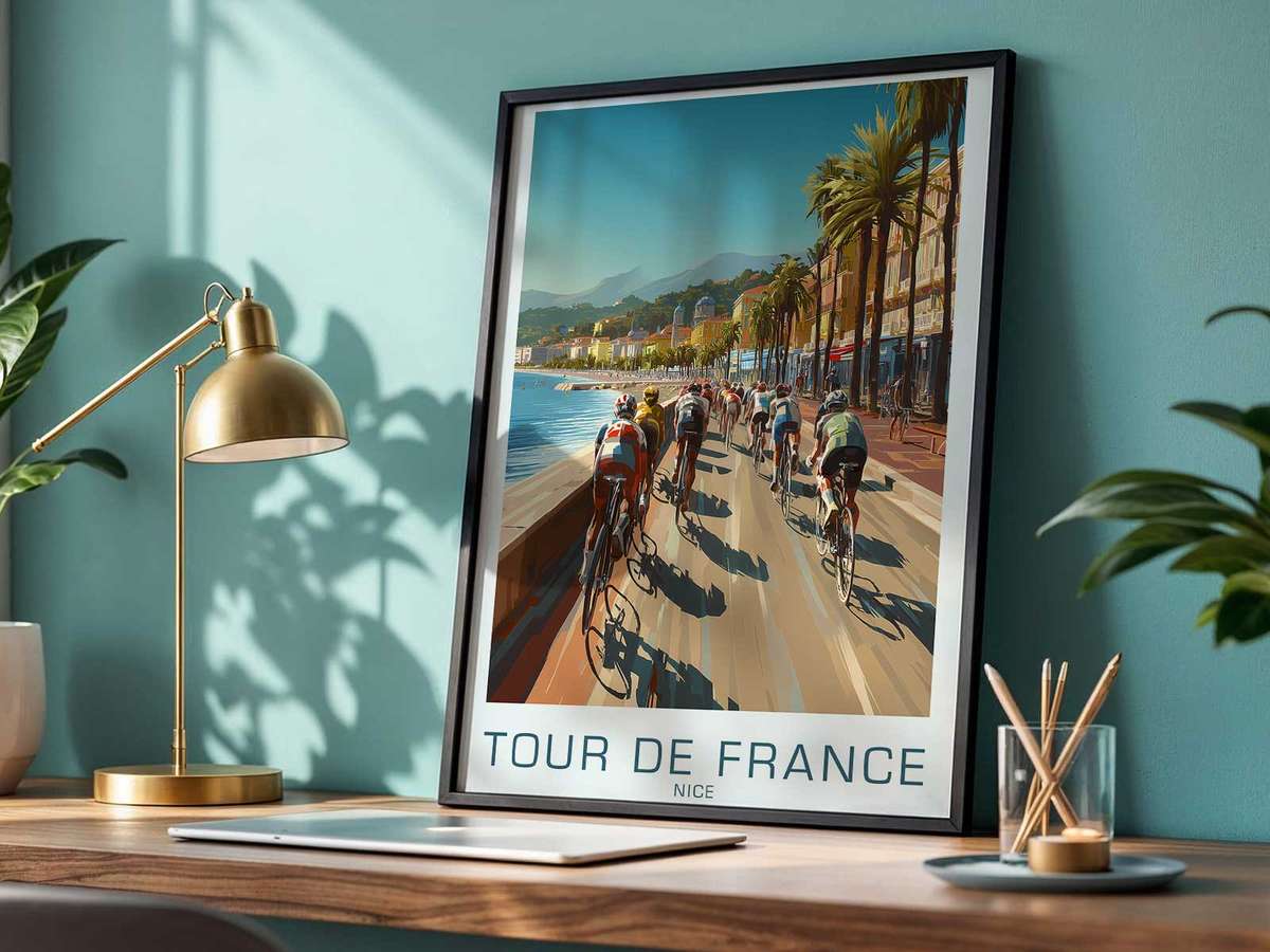 Museum-style caption card beside a Nice Tour de France poster explaining provenance and cultural significance