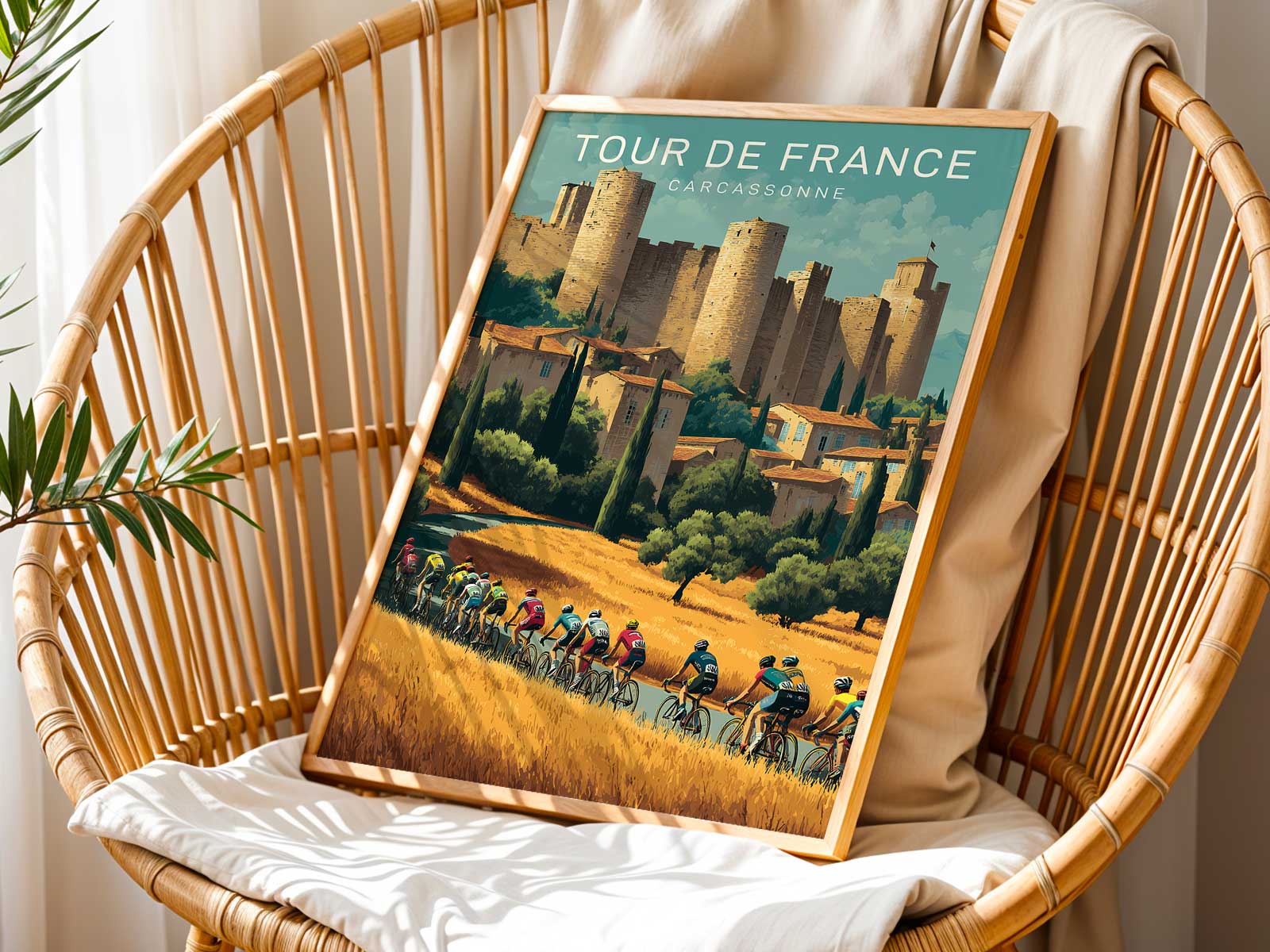 Group of cyclists rendered in a muted palette passing beneath Carcassonne ramparts in a retro poster composition