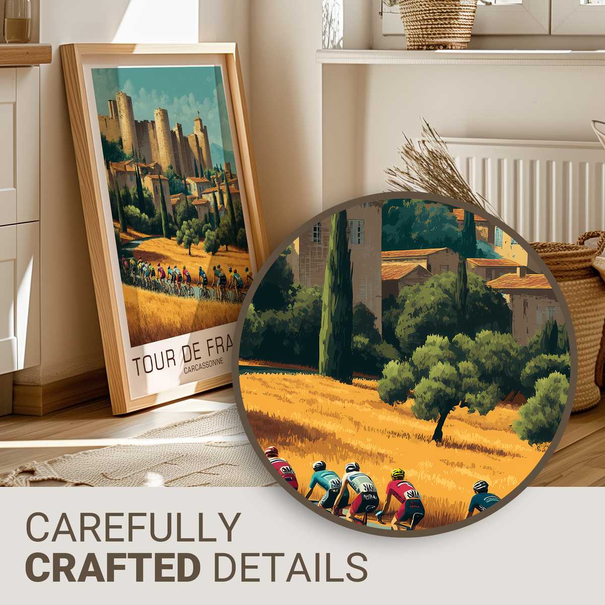 Vintage-style poster showing Carcassonne skyline silhouette with muted ochre and slate tones and a cycling figure in…