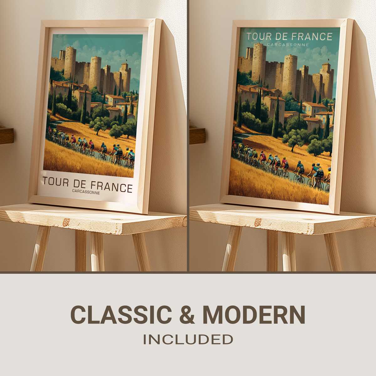 Vintage-style poster showing Carcassonne skyline silhouette with muted ochre and slate tones and a cycling figure in…