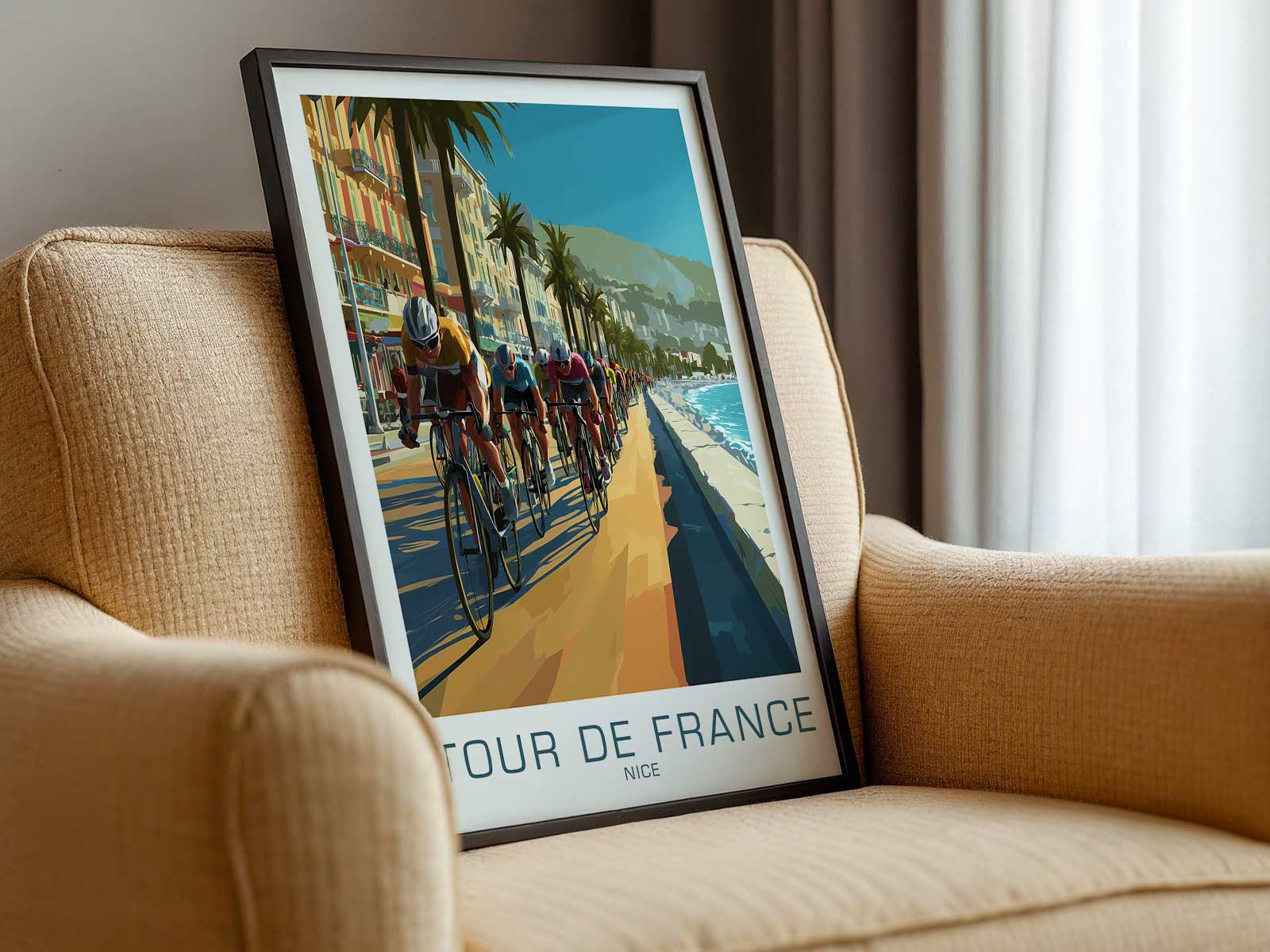 Bike poster of a cliffside coastal road near Nice with sweeping curves above blue Mediterranean waters and a peloton in…