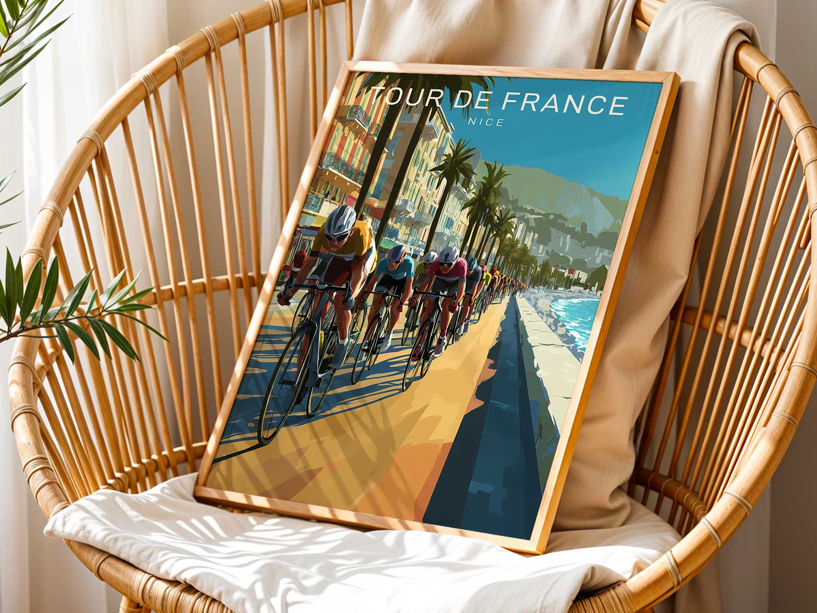 Bike poster of rolling hills and small vineyards above Nice with a lone cyclist ascending a sunlit climb