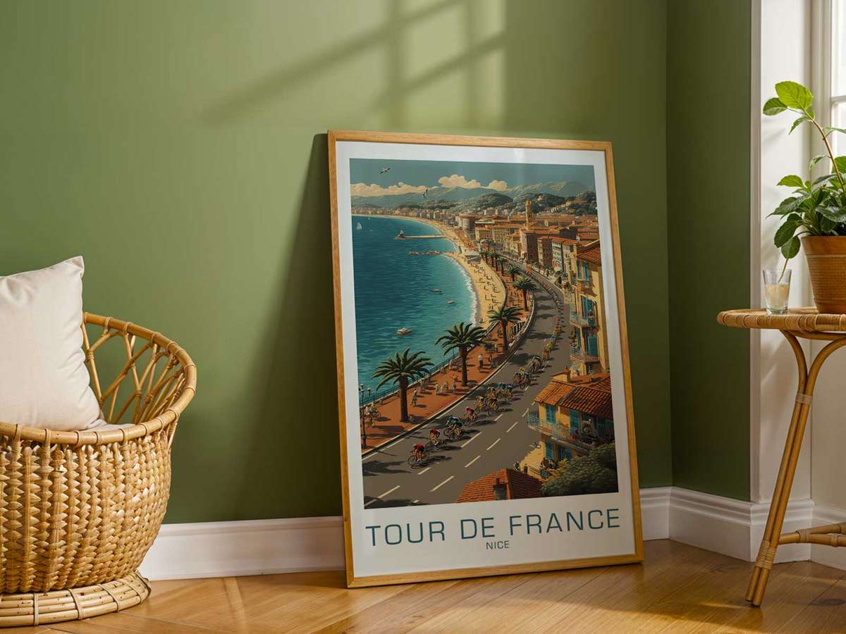 Refined Nice-Inspired Bike art print featuring cycling motion with refined route-inspired details inspired by how the racing bicycle structures the image