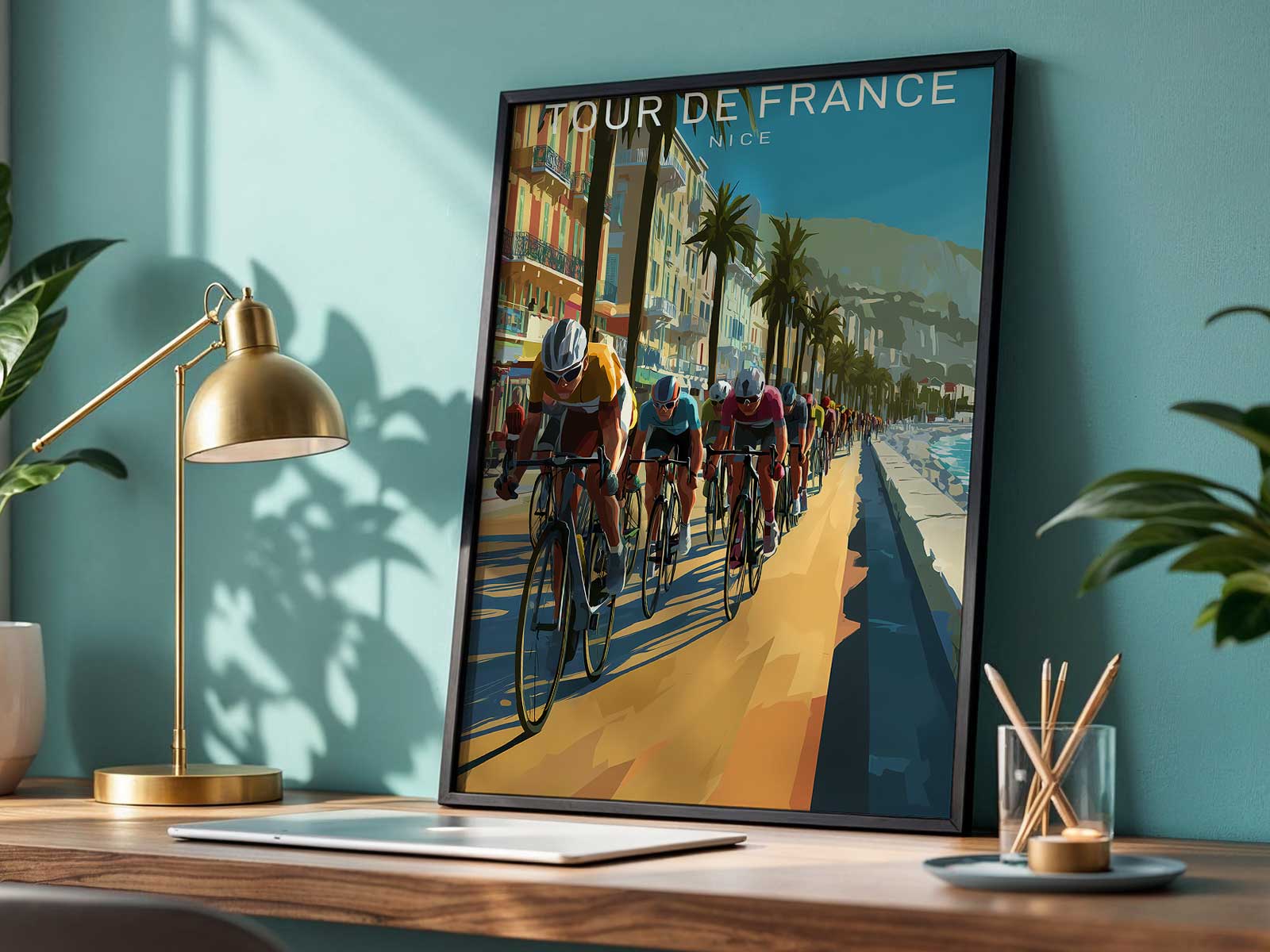 Bike poster showing cyclists winding through Nice's old town with pastel facades and narrow streets creating intimate urban…