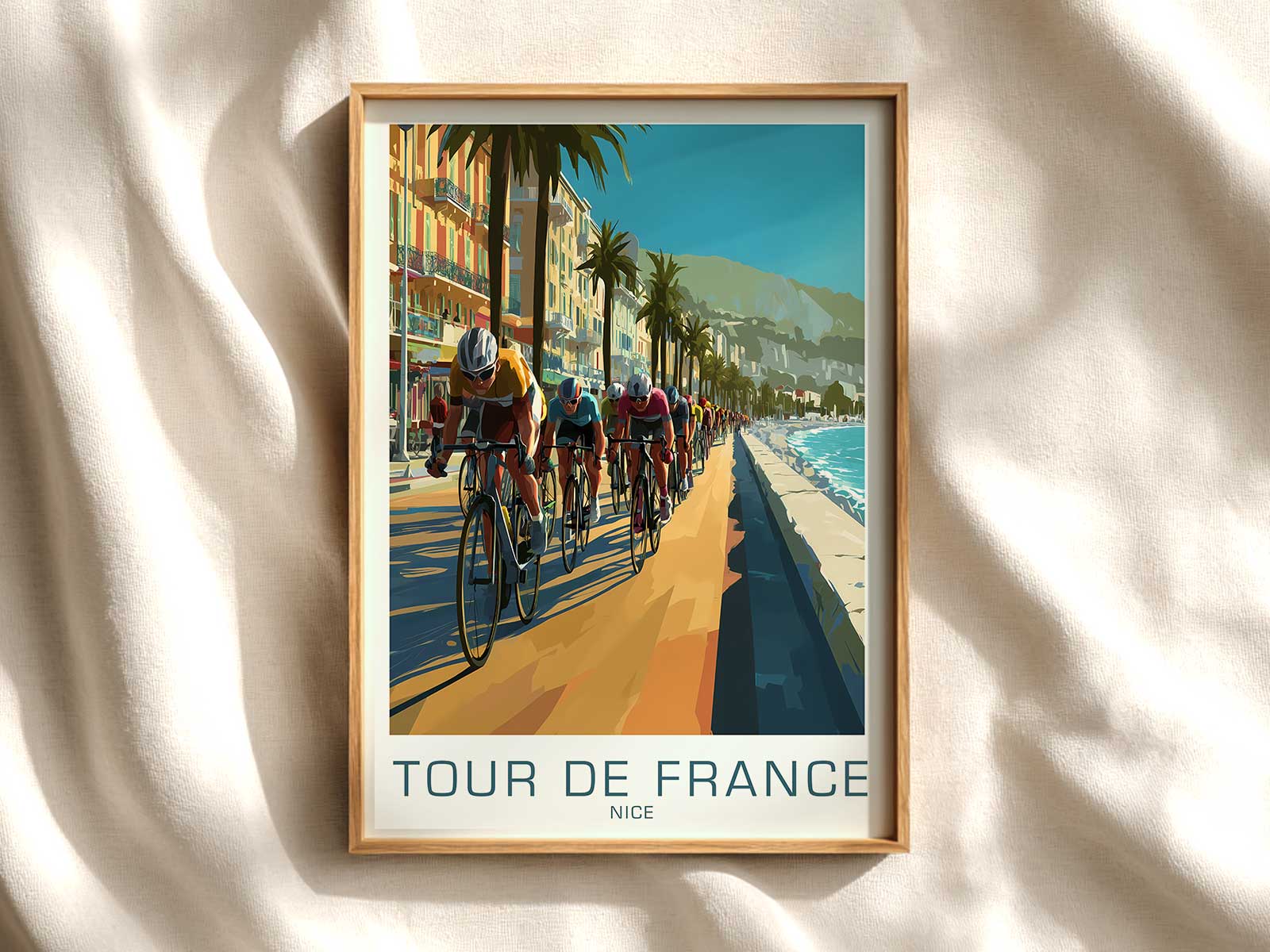 Bike poster view of Nice seafront at golden hour with cyclists on the Promenade des Anglais and warm sea light