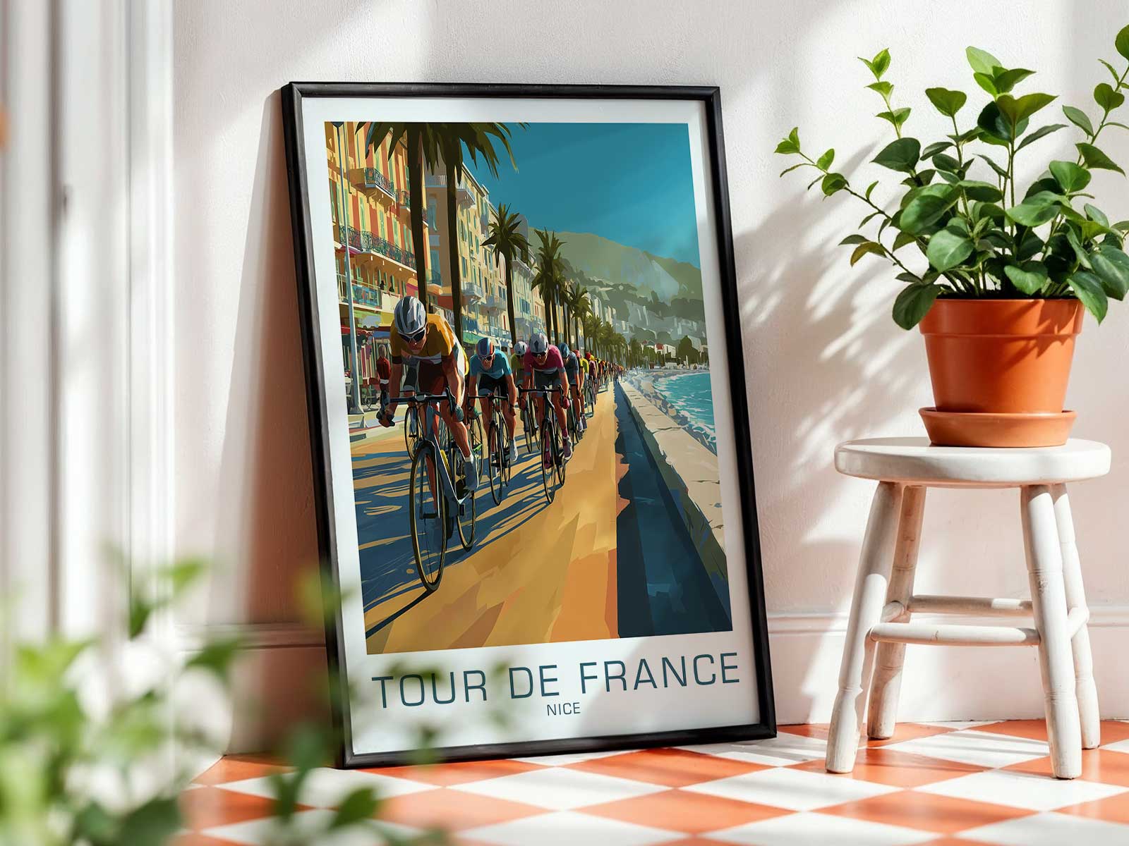 Bike poster from a promontory viewpoint overlooking Nice bay with race signage and riders descending toward the city