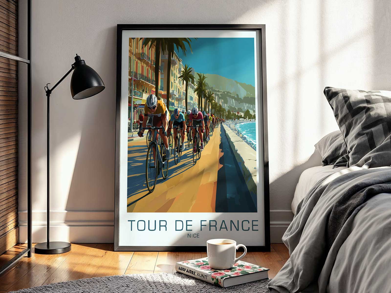 Bike poster showing morning reflections on Nice's waterfront with cyclists crossing a bridge and soft urban light