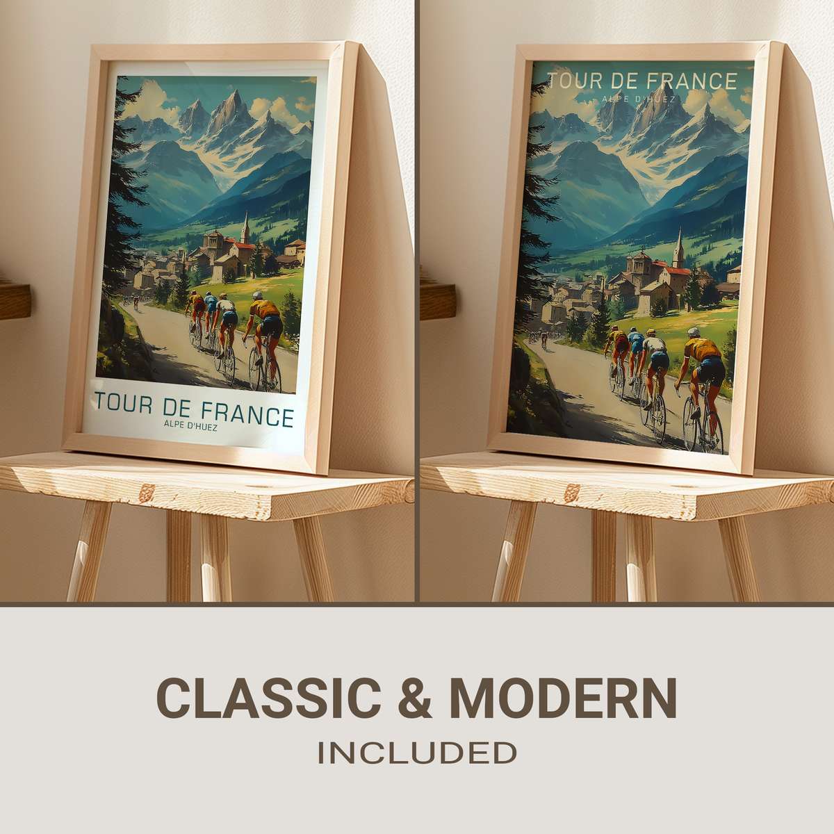 Vintage-style poster of a cyclist on Alpe d'Huez shown in profile, head down in focused concentration, gripping handlebars…