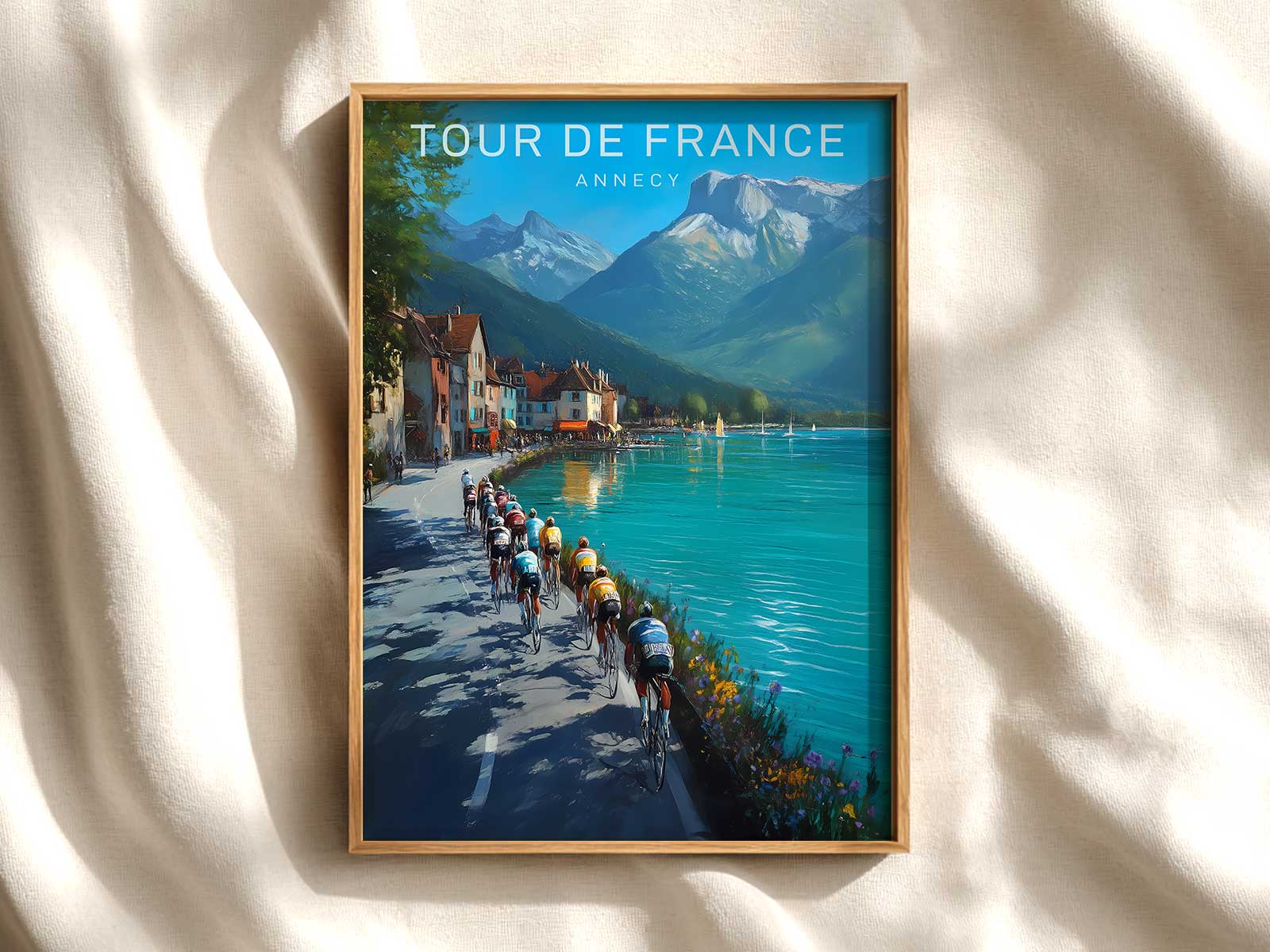 Narrow cobbled street of Annecy's old town with a rider sprinting past colorful facades and shadowed archways