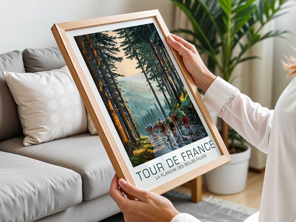 Panoramic poster of high-altitude landscape around La Planche des Belles Filles, showing distant peaks and the ascent…