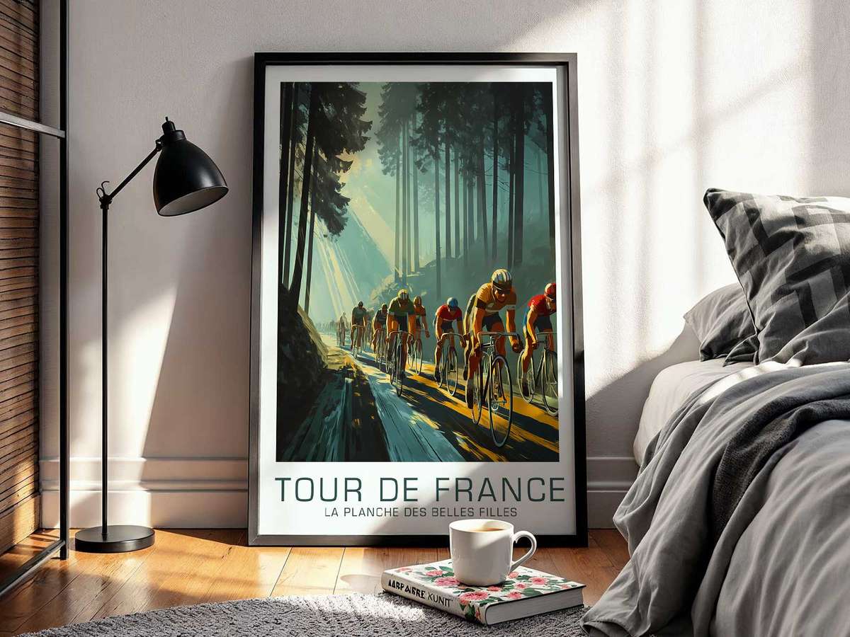 Wide panoramic framing of the approach to La Planche des Belles Filles, road carving through landscape with cinematic…