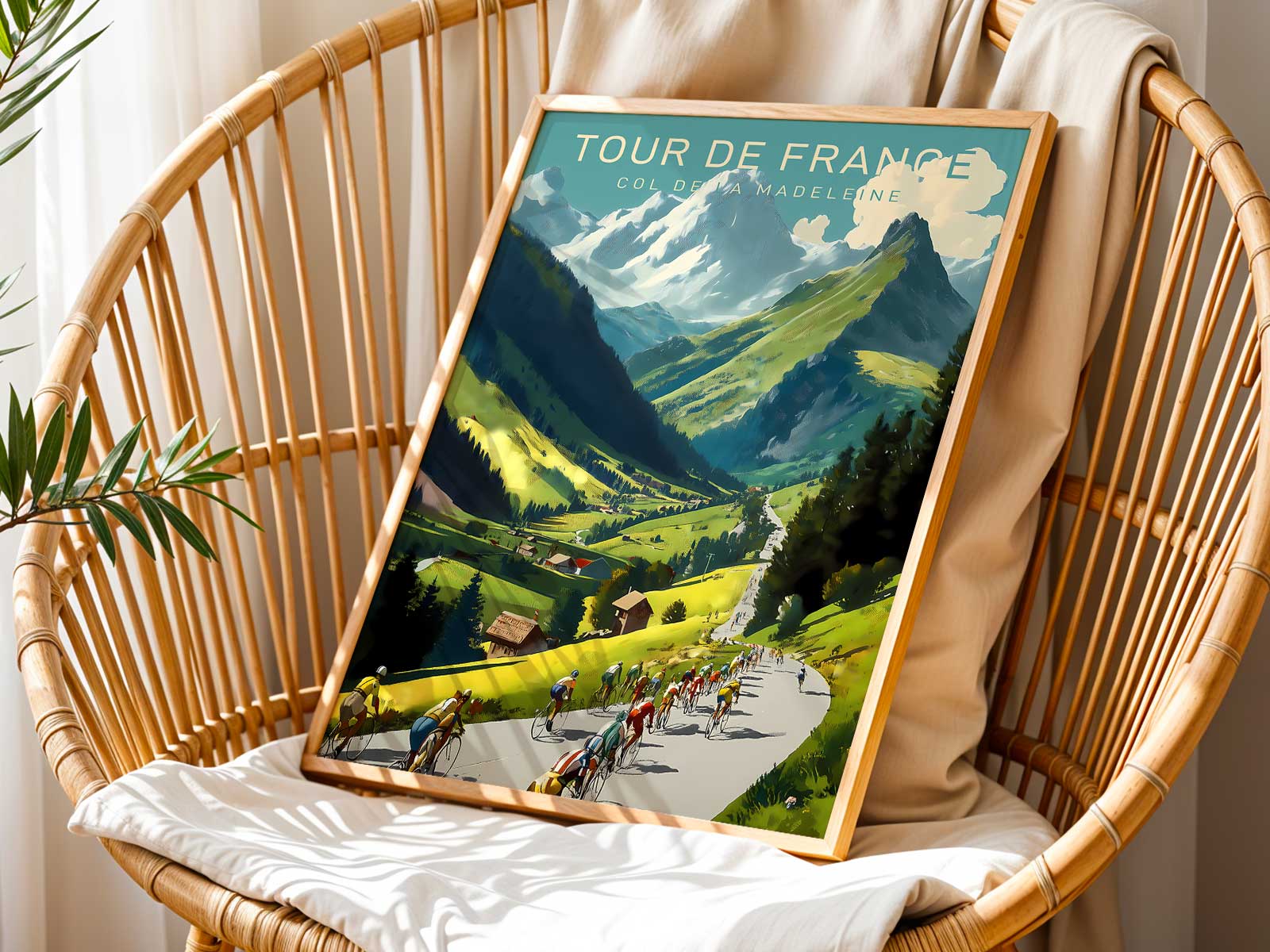 Panoramic watercolor poster of Col de la Madeleine with layered lavis and patina-like surface effects